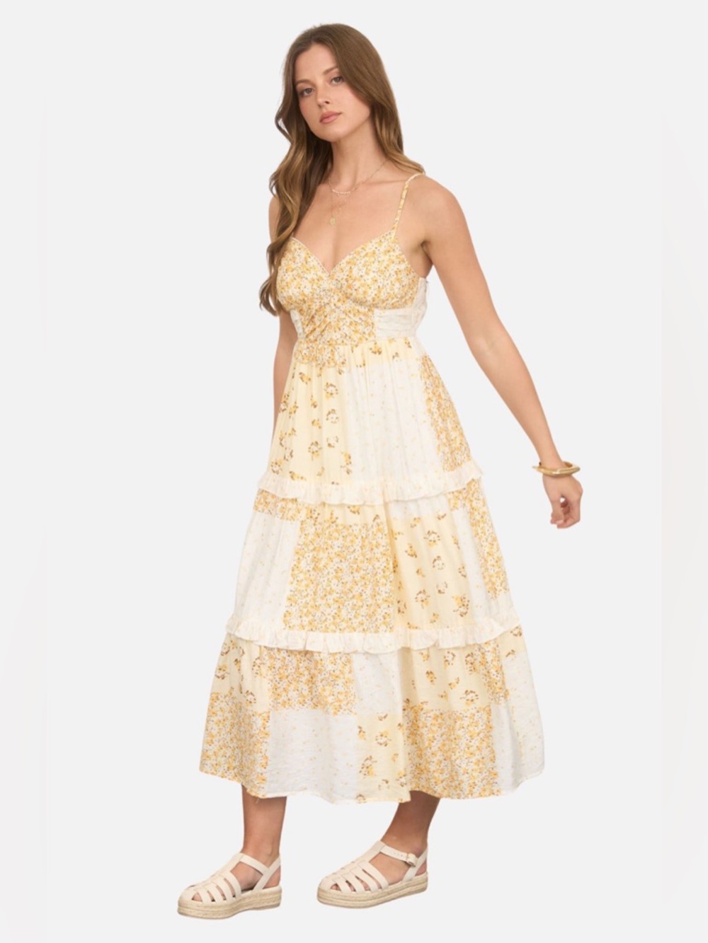 Blu Pepper Yellow Floral Tiered Midi Dress NWT Size L